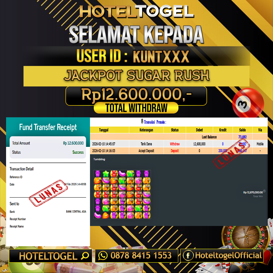 HOTELTOGEL JACKPOT SLOT SUGAR RUSH Rp.12.600.000 - LUNAS USER ID : KUNT***