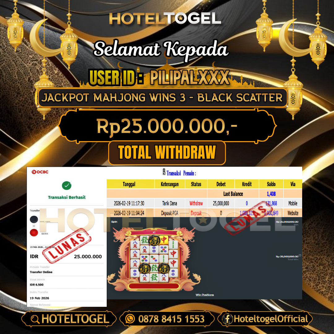 HOTELTOGEL JACKPOT SLOT MAHJONG WINS 3 - BLACK SCATTER Rp.25.000.000 - LUNAS USER ID : PILIPAL*** 