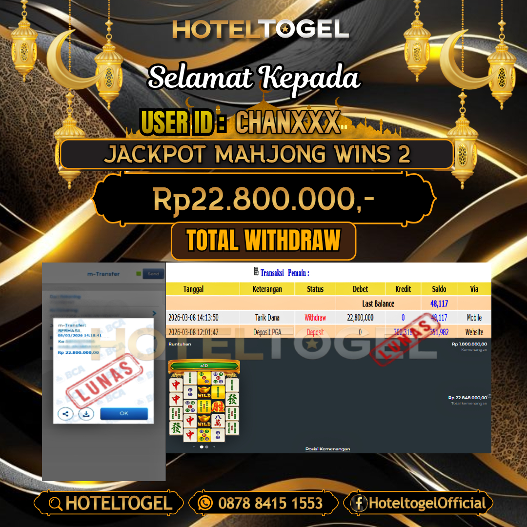 HOTELTOGEL JACKPOT SLOT MAHJONG WINS 2 Rp.22.800.000 - LUNAS USER ID : CHAN***