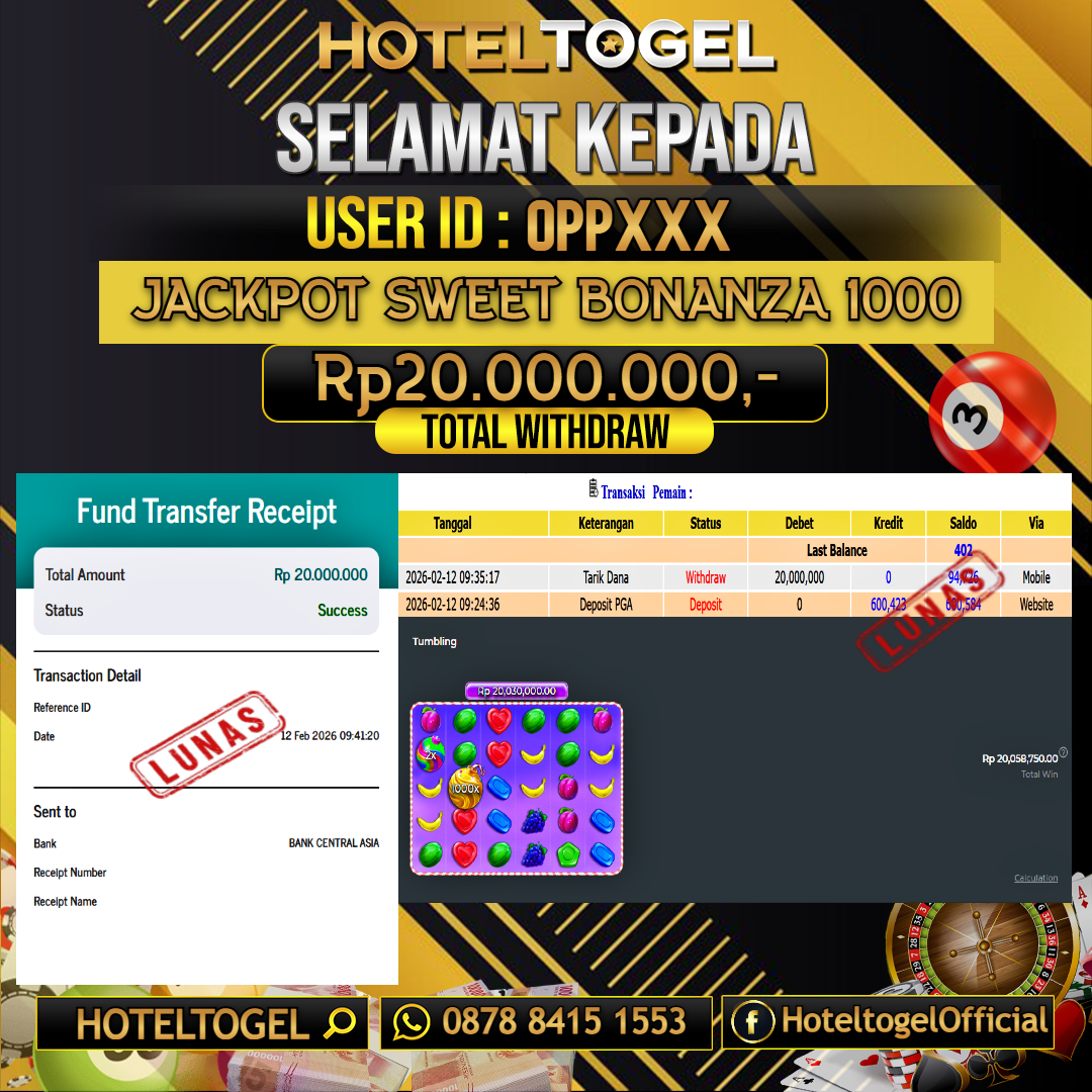 HOTELTOGEL JACKPOT SLOT SWEET BONANZA 1000 Rp.20.000.000 - LUNAS USER ID : OPP***