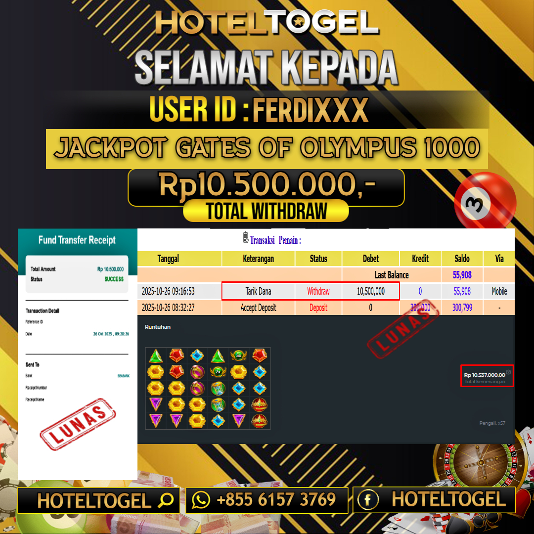 HOTELTOGEL JACKPOT SLOT GATES OF OLYMPUS 1000 Rp.10.500.000 - LUNAS USER ID : FERDI***