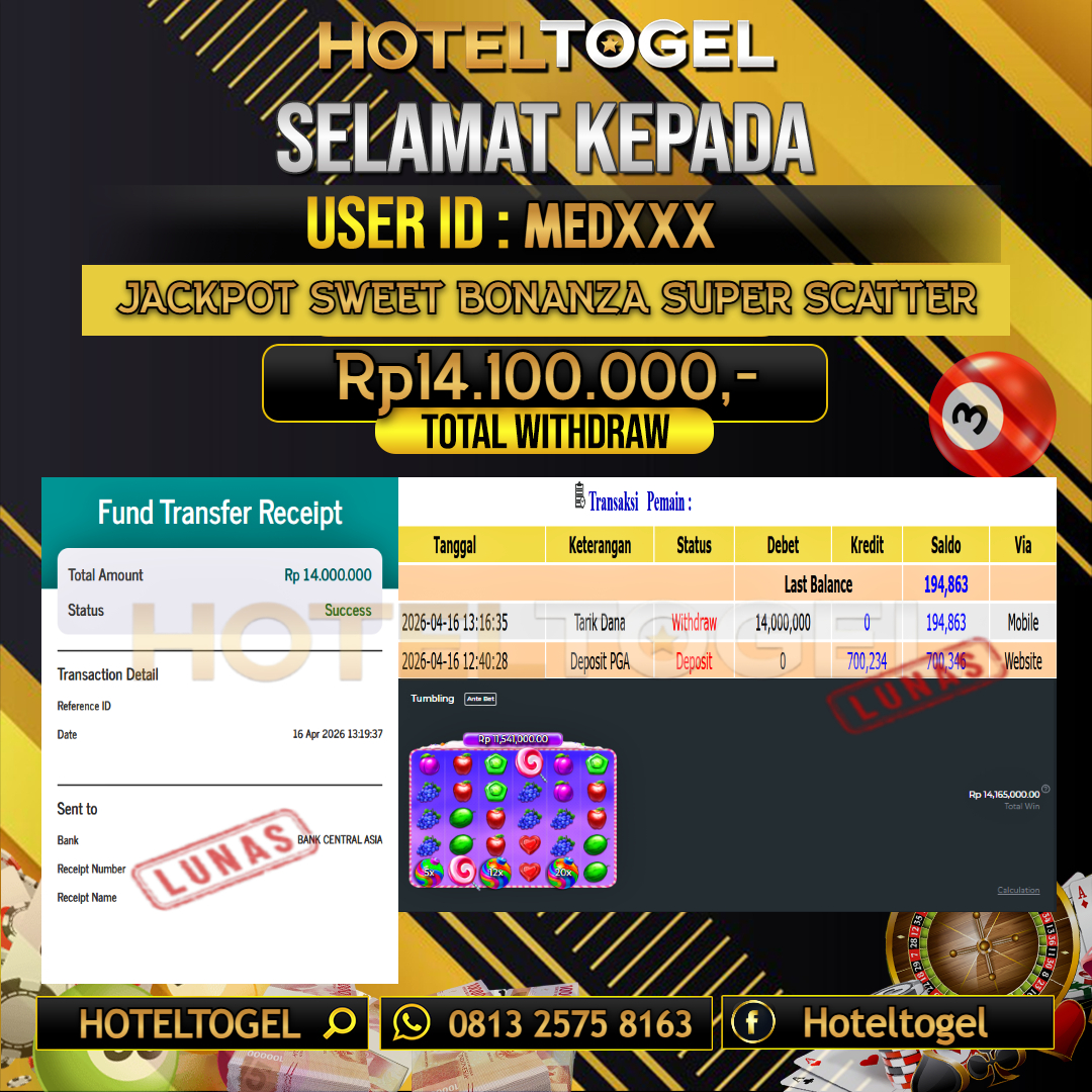 HOTELTOGEL JACKPOT SLOT SWEET BONANZA SUPER SCATTER Rp.14.100.000 - LUNAS USER ID : MED***