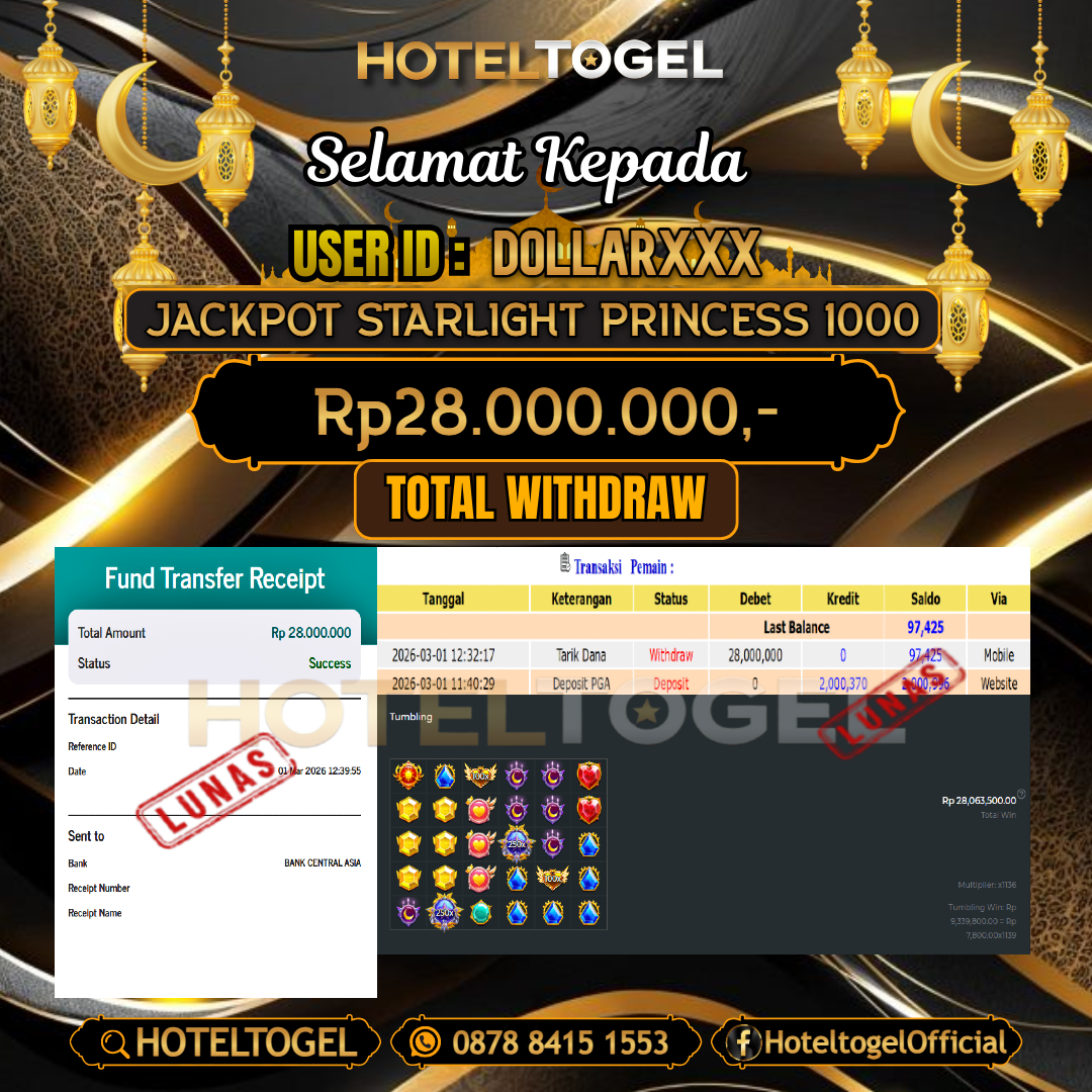 HOTELTOGEL JACKPOT SLOT STARLIGHT PRINCESS 1000 Rp.28.000.000 - LUNAS USER ID : DOLLAR***