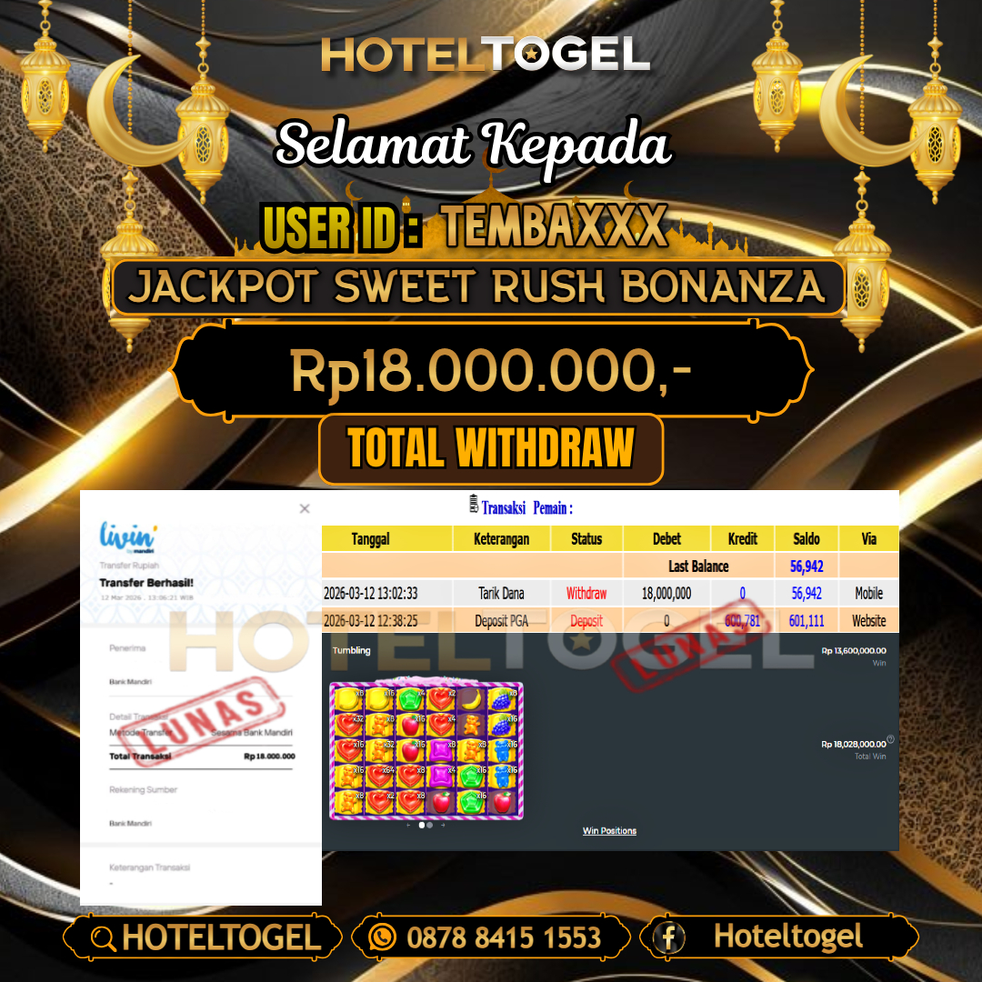 HOTELTOGEL JACKPOT SLOT SWEET RUSH BONANZA Rp.18.000.000 - LUNAS USER ID : TEMBA***