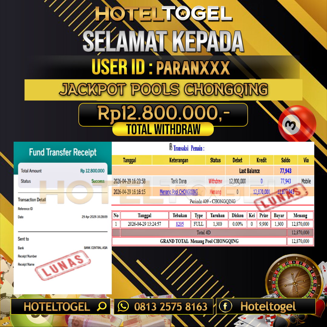 HOTELTOGEL JACKPOT TOGEL CHONGQING Rp.12.800.000 - LUNAS USER ID : PARAN***