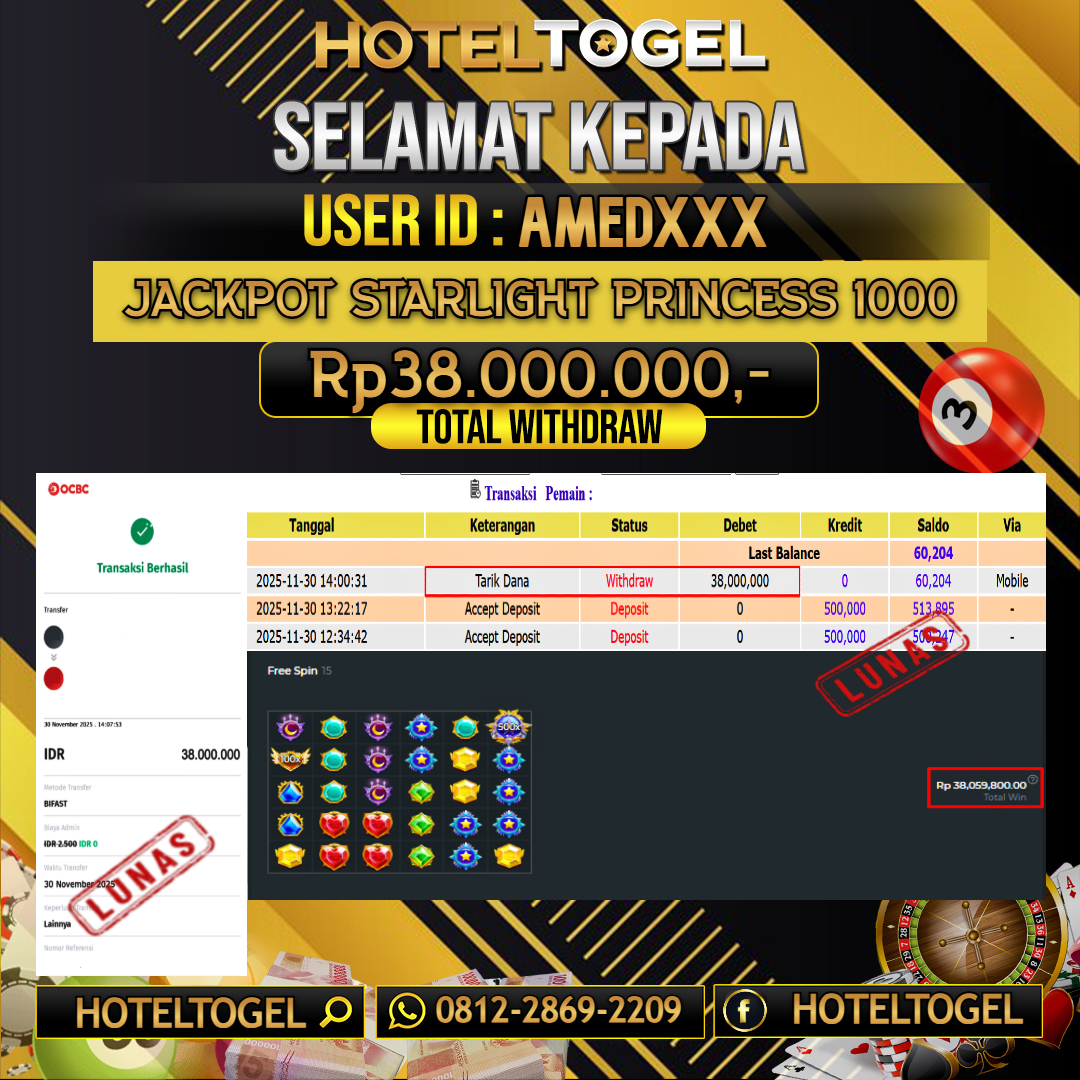 HOTELTOGEL JACKPOT SLOT STARLIGHT PRINCESS 1000 Rp.38.000.000 - LUNAS USER ID : AMED***