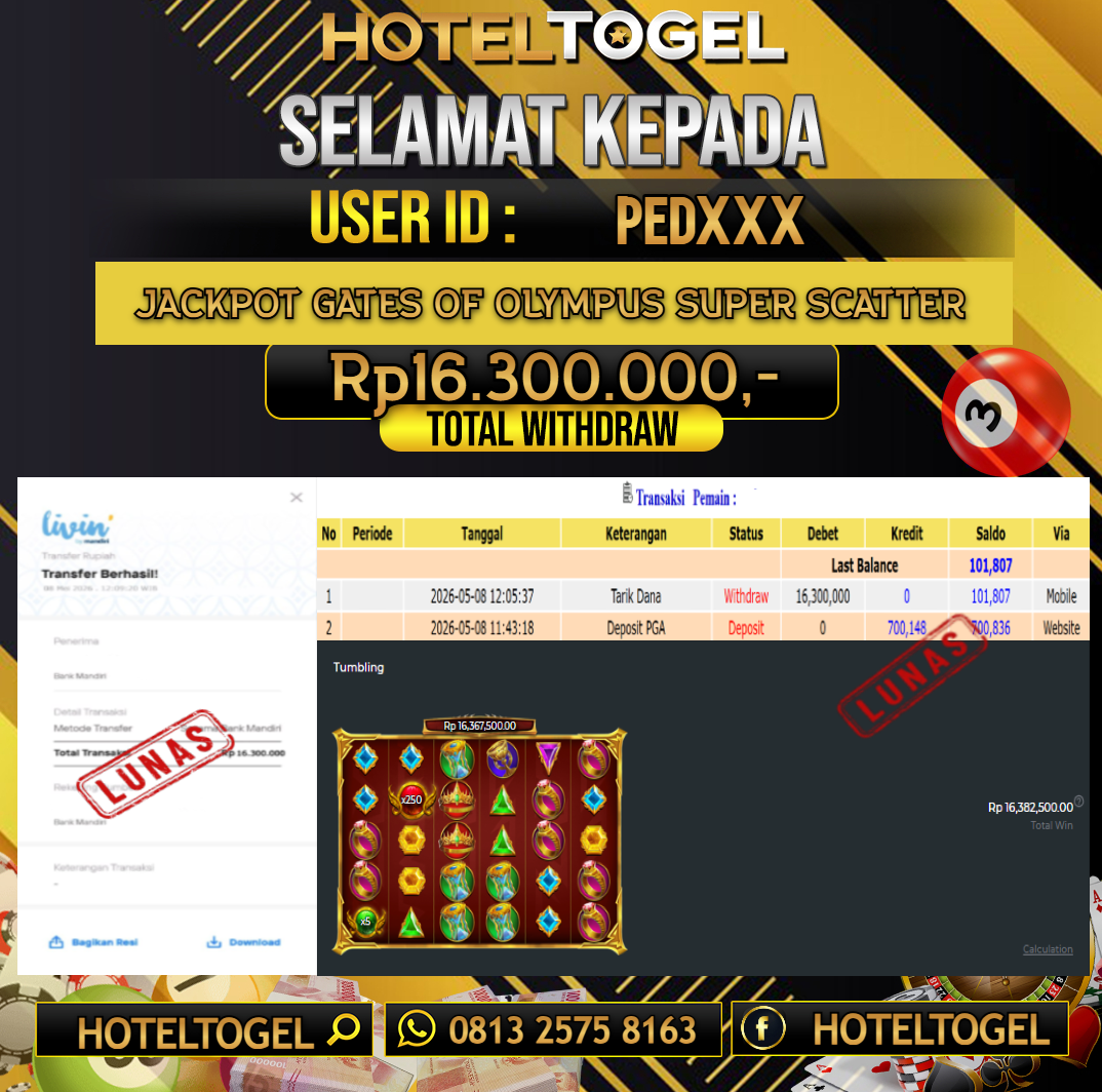 HOTELTOGEL JACKPOT SLOT GATES OF OLYMPUS SUPER SCATTER Rp.16.300.000 - LUNAS USER ID :  PED****