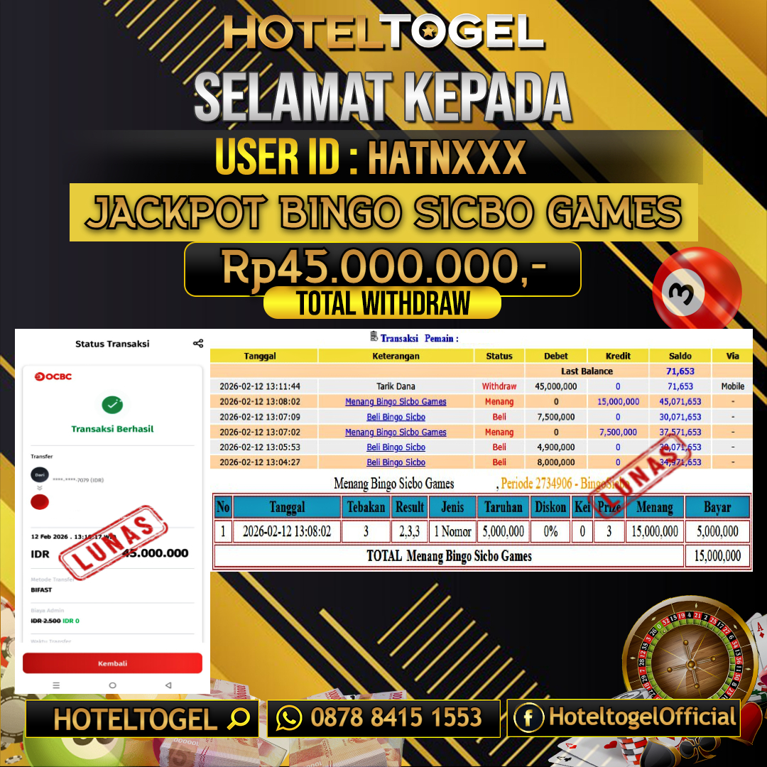 HOTELTOGEL JACKPOT CASINO BINGO SICBO GAMES Rp.45.000.000 - LUNAS USER ID : HATN***