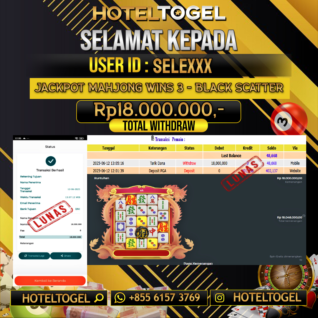 HOTELTOGEL JACKPOT SLOT MAHJONG WINS 3 - BLACK SCATTER Rp.18.000.000 - LUNAS USER ID : SELE****