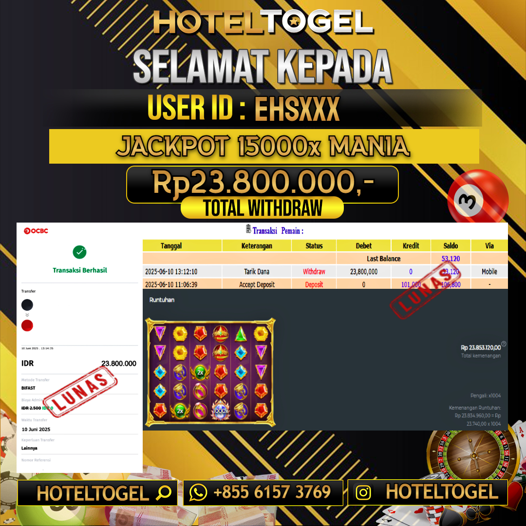 HOTELTOGEL JACKPOT SLOT 15000x MANIA Rp.23.800.000 - LUNAS USER ID : EHS****