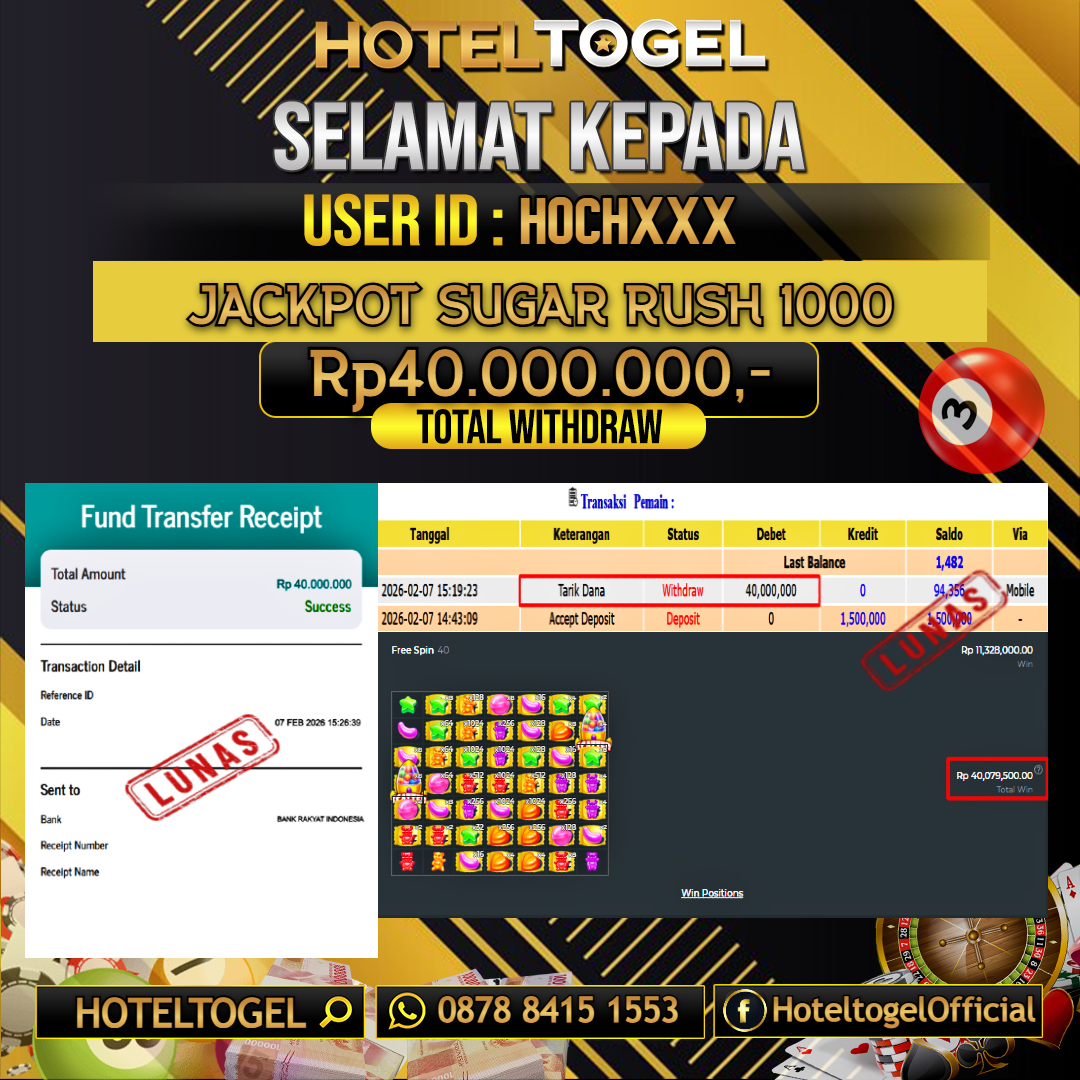HOTELTOGEL JACKPOT SLOT SUGAR RUSH 1000 Rp.40.000.000 - LUNAS USER ID  : HOCH***