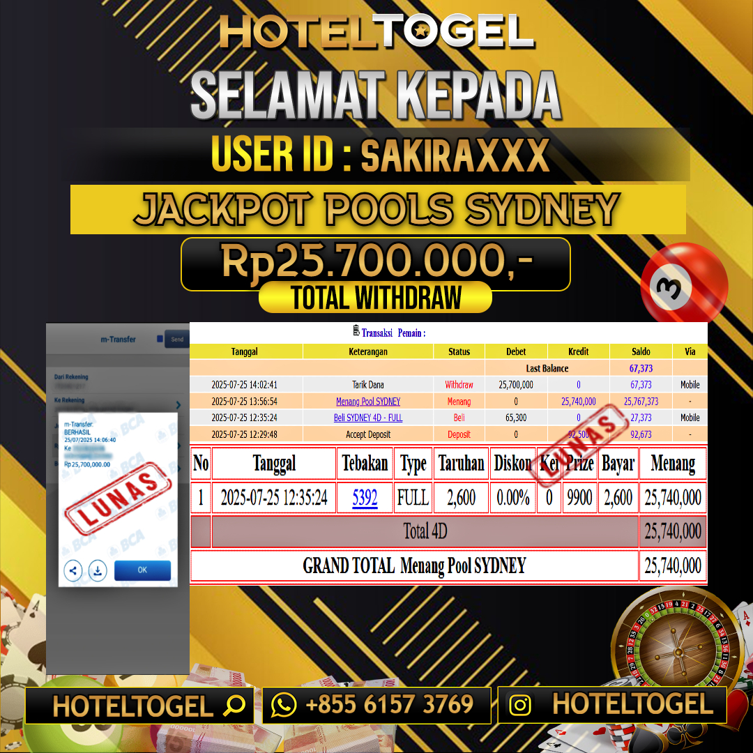 HOTELTOGEL JACKPOT TOGEL SYDNEY Rp.25.700.000 - LUNAS USER ID : SAKIRA****