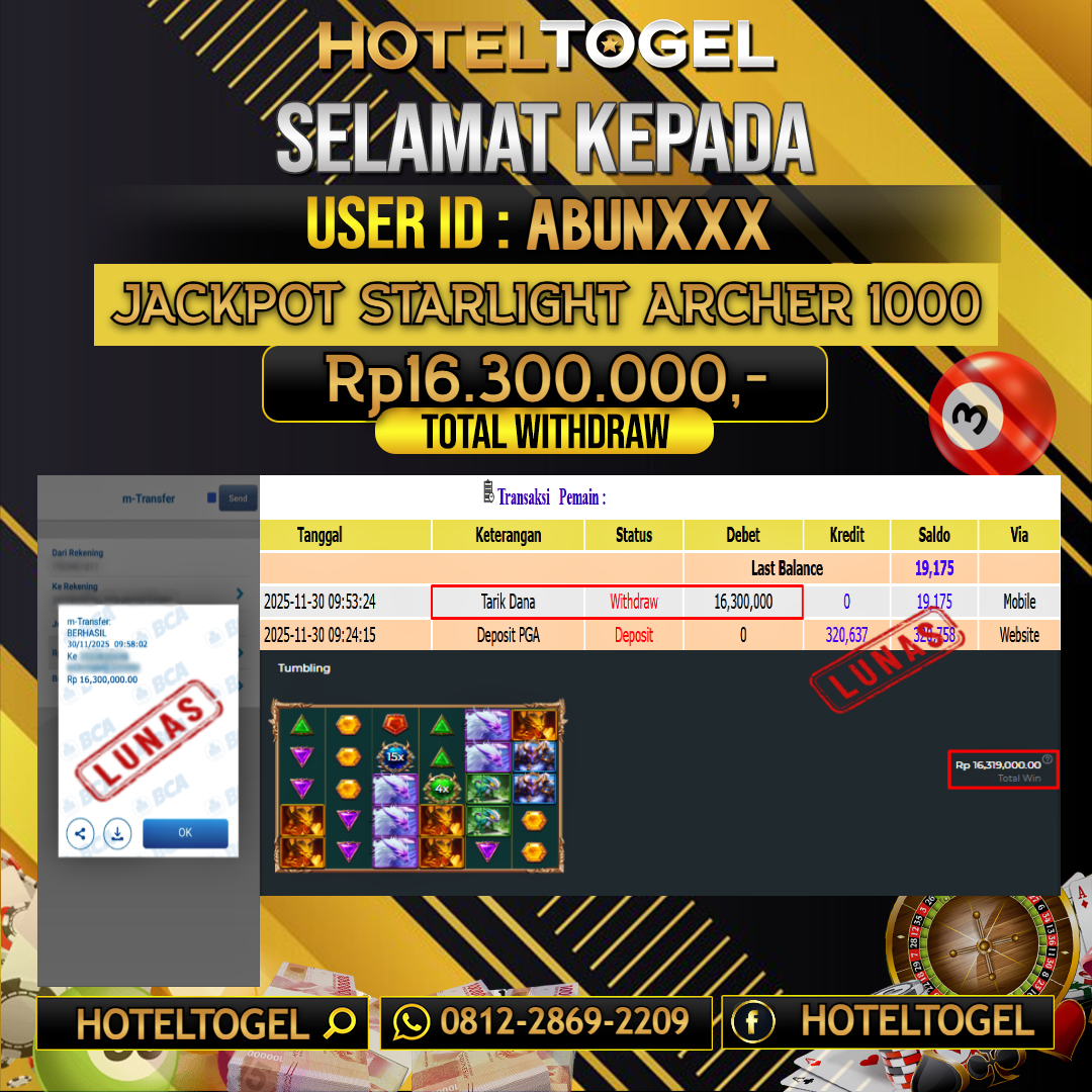 HOTELTOGEL JACKPOT SLOT STARLIGHT ARCHER 1000 Rp.16.300.000 - LUNAS USER ID :  ABUN***