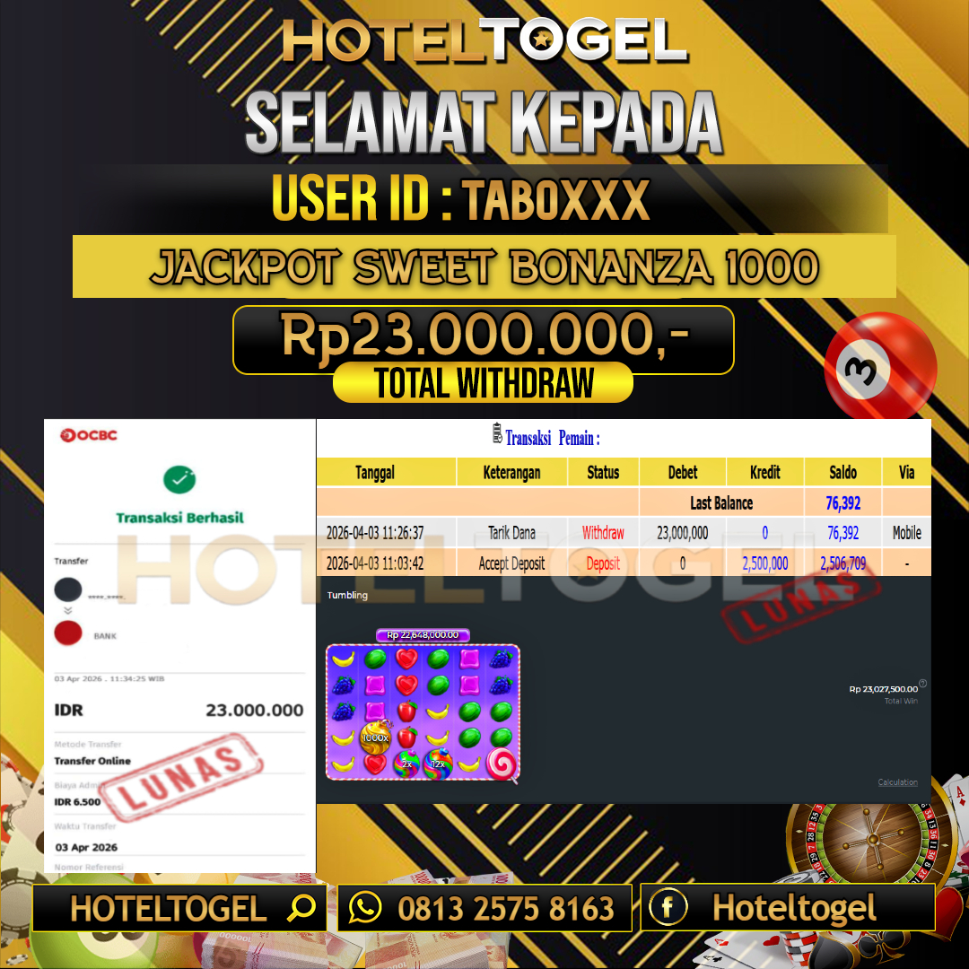 HOTELTOGEL JACKPOT SLOT SWEET BONANZA 1000 Rp.23.000.000 - LUNAS USER ID : TABO***