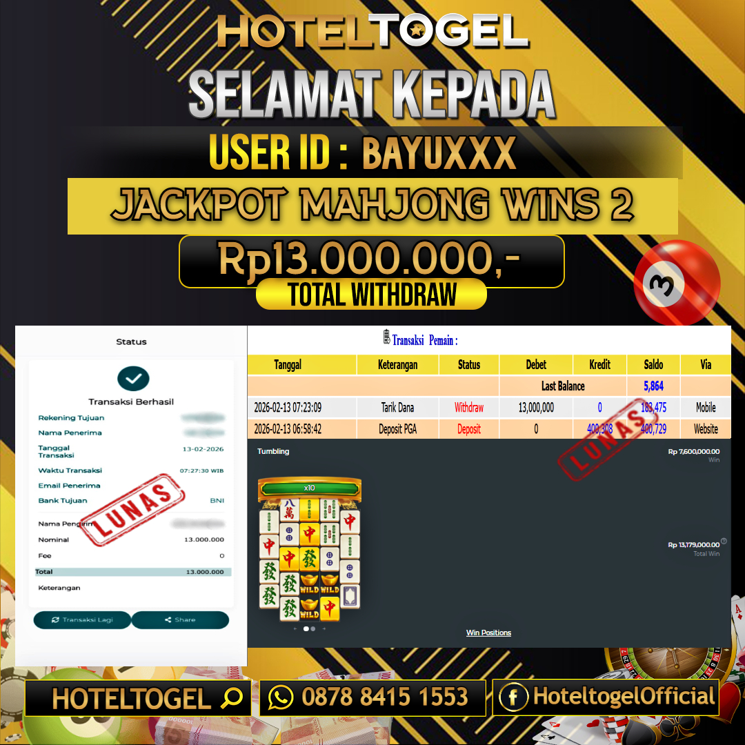 HOTELTOGEL JACKPOT SLOT MAHJONG WINS 2 Rp.13.000.000 - LUNAS USER ID : BAYU***