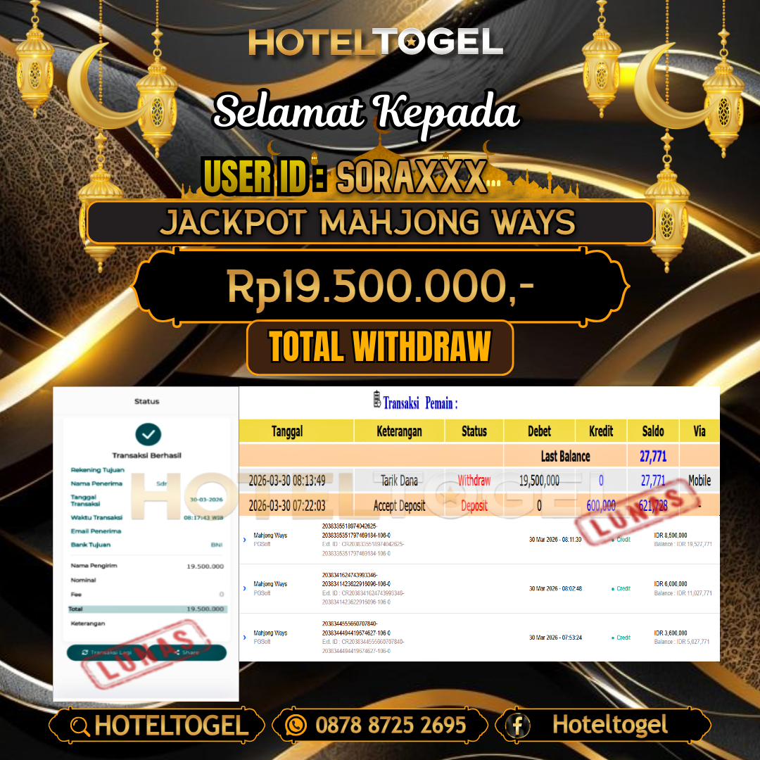 HOTELTOGEL JACKPOT SLOT MAHJONG WAYS Rp.19.500.000 - LUNAS USER ID : SORA***