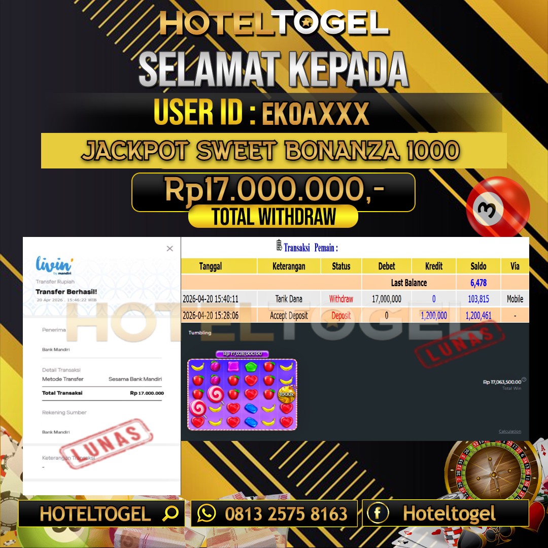 HOTELTOGEL JACKPOT SLOT SWEET BONANZA 1000 Rp.17.000.000 - LUNAS USER ID : EKOA***