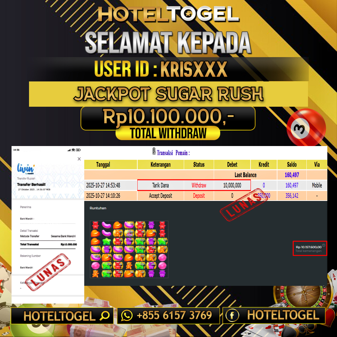 HOTELTOGEL JACKPOT SLOT SUGAR RUSH Rp.10.100.000 - LUNAS USER ID : KRIS***