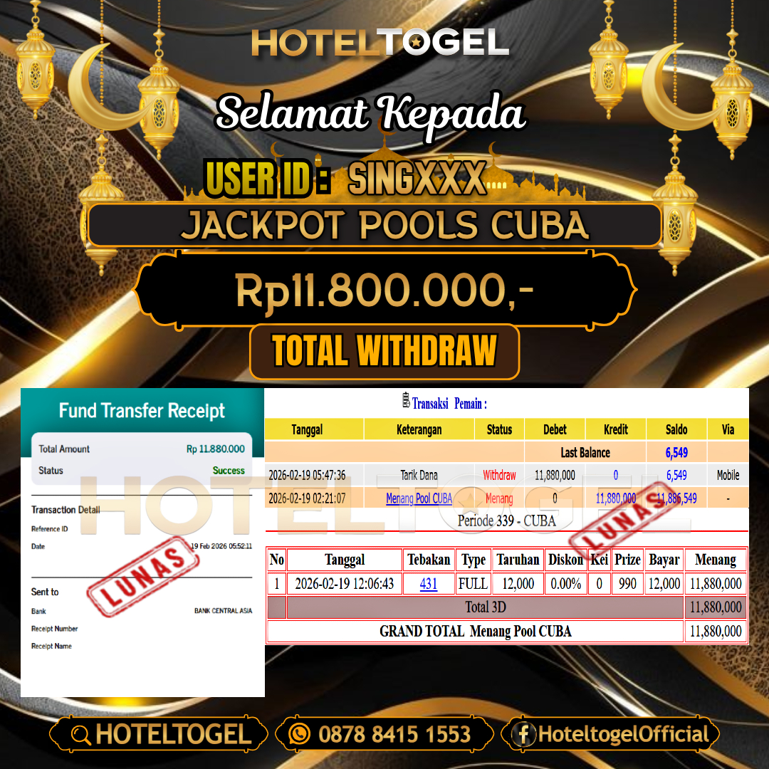 HOTELTOGEL JACKPOT TOGEL CUBA Rp.11.800.000 - LUNAS USER ID : SING***