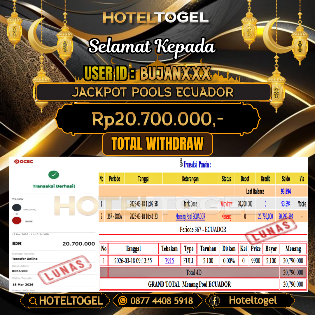 HOTELTOGEL JACKPOT TOGEL ECUADOR Rp.20.700.000 - LUNAS USER ID : BUJAN***