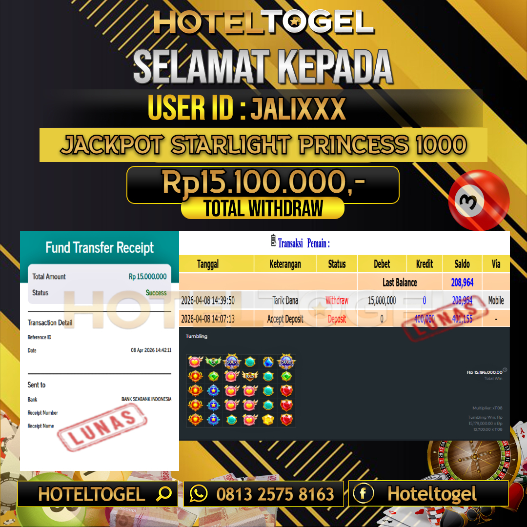 HOTELTOGEL JACKPOT SLOT STARLIGHT PRINCESS 1000 Rp.15.100.000 - LUNAS USER ID : JALI***