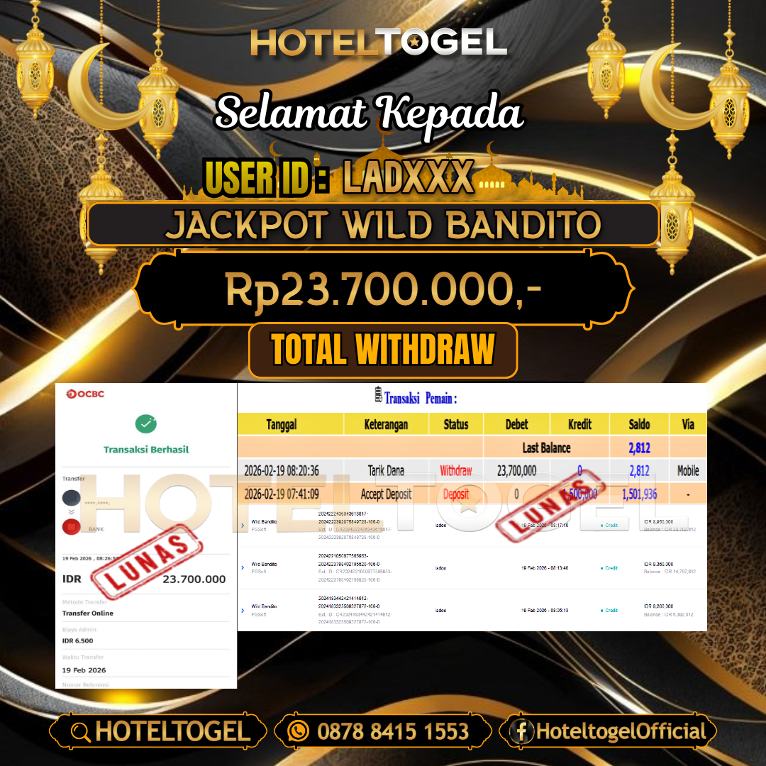 HOTELTOGEL JACKPOT SLOT WILD BANDITO Rp.23.700.000 - LUNAS USER ID : LAD***