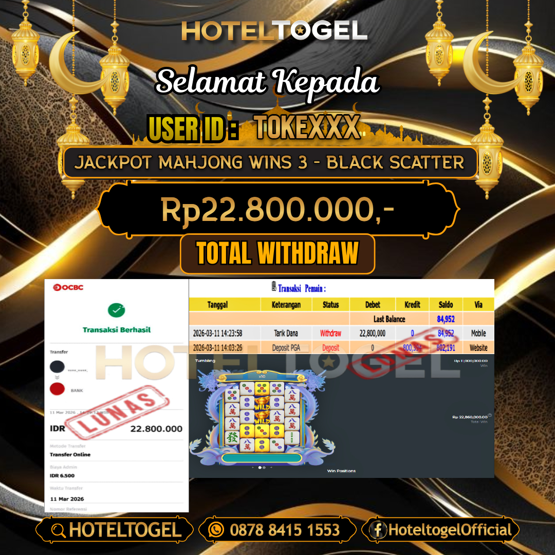 HOTELTOGEL JACKPOT SLOT MAHJONG WINS 3 - BLACK SCATTER Rp.22.800.000 - LUNAS USER ID :  TOKE***