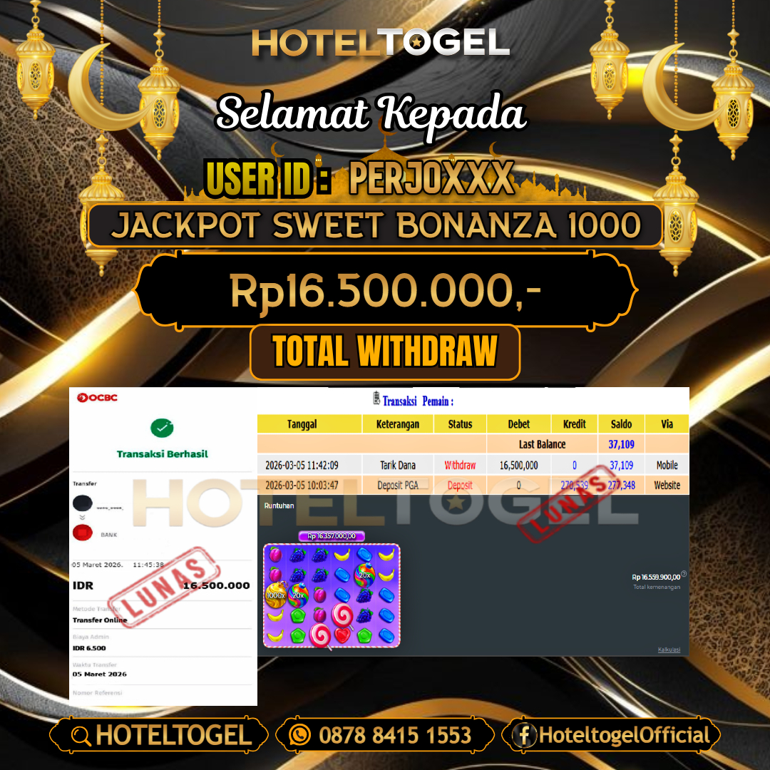 HOTELTOGEL JACKPOT SLOT SWEET BONANZA 1000 Rp.16.500.000 - LUNAS USER ID : PERJO***
