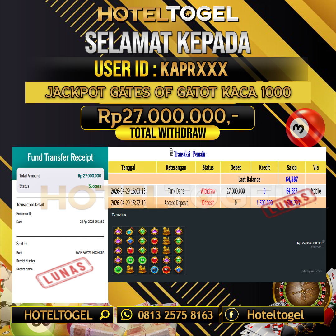 HOTELTOGEL JACKPOT SLOT GATES OF GATOT KACA 1000 Rp.27.000.000 - LUNAS USER ID : KAPR***