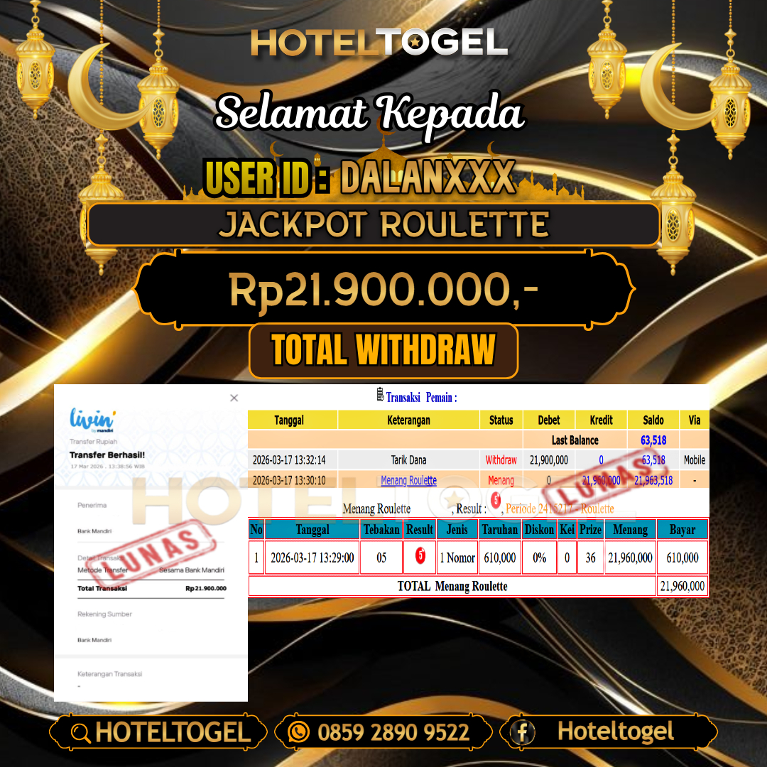 HOTELTOGEL JACKPOT CASINO ROULETTE Rp.21.900.000 - LUNAS USER ID :  DALAN***