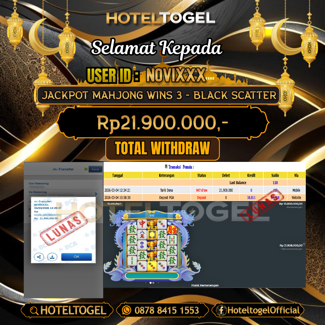 HOTELTOGEL JACKPOT SLOT MAHJONG WINS 3 - BLACK SCATTER Rp.21.900.000 - LUNAS USER ID : NOVI***