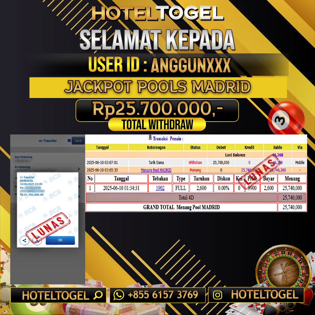 HOTELTOGEL JACKPOT TOGEL MADRID Rp.25.700.000 - LUNAS USER ID : ANGGUN****