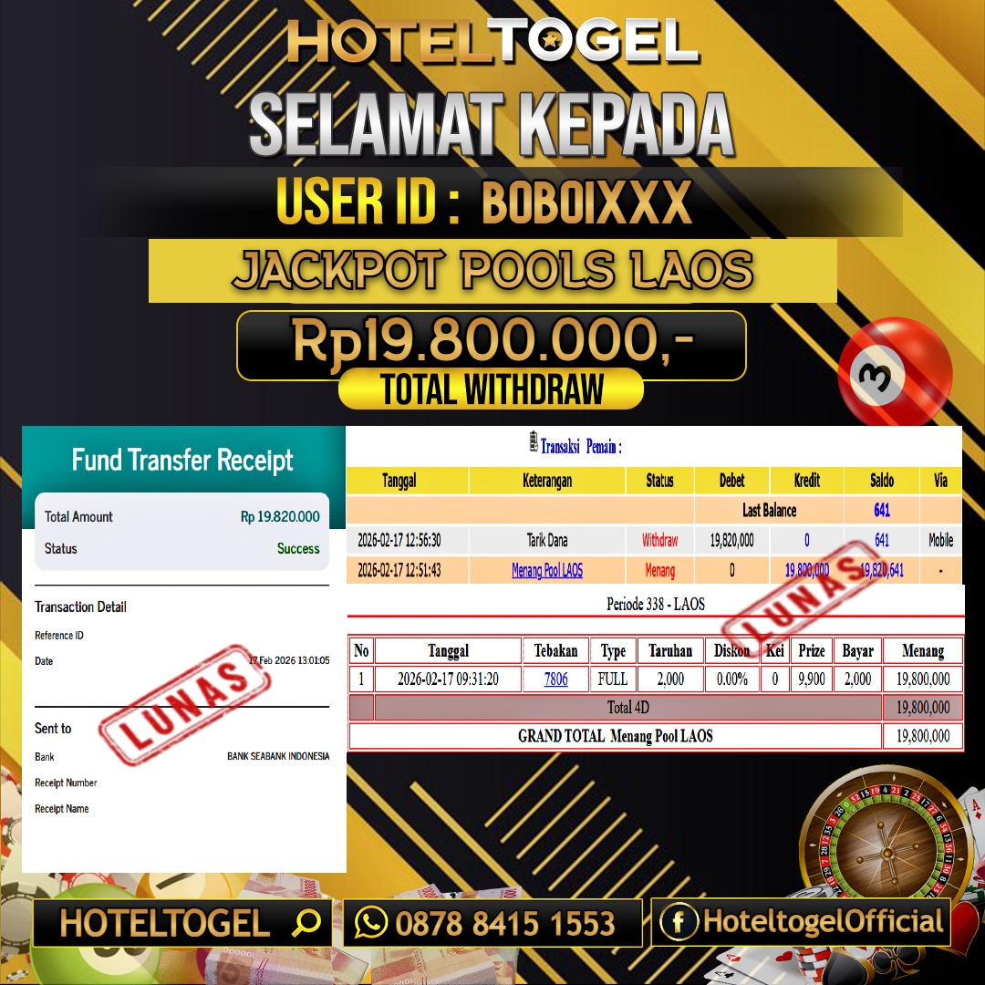 HOTELTOGEL JACKPOT TOGEL LAOS Rp.19.800.000 - LUNAS USER ID : BOBOI***