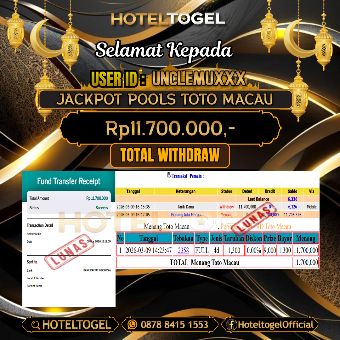 HOTELTOGEL JACKPOT TOGEL TOTO MACAU Rp.11.700.000 - LUNAS USER ID : UNCLEMU***