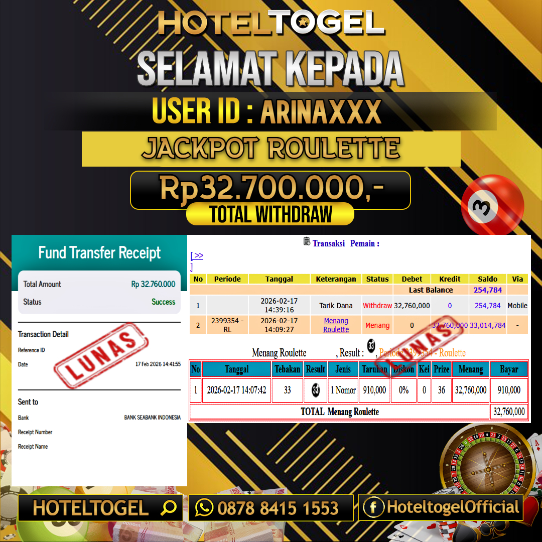 HOTELTOGEL JACKPOT CASINO ROULETTE Rp.32.700.000 - LUNAS USER ID : ARINA***