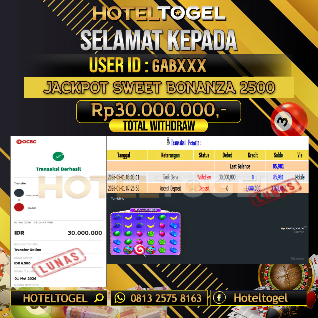 HOTELTOGEL JACKPOT SLOT SWEET BONANZA 2500 Rp.30.000.000 - LUNAS USER ID : GAB****