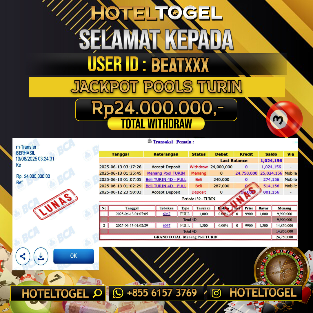 HOTELTOGEL JACKPOT TOGEL TURIN Rp.24.000.000 - LUNAS USER ID : BEAT****
