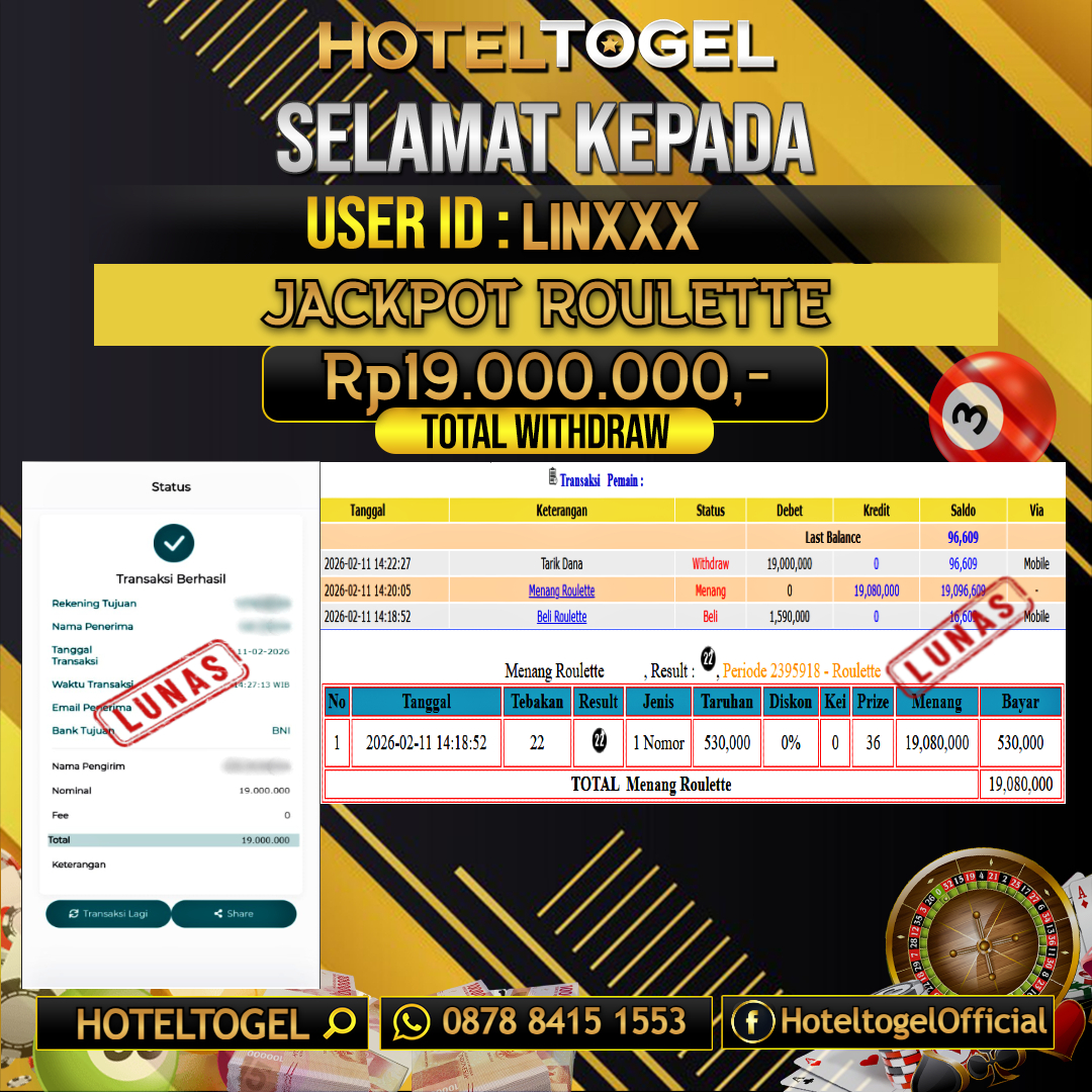 HOTELTOGEL JACKPOT CASINO ROULETTE Rp.19.000.000 - LUNAS USER ID : LIN***