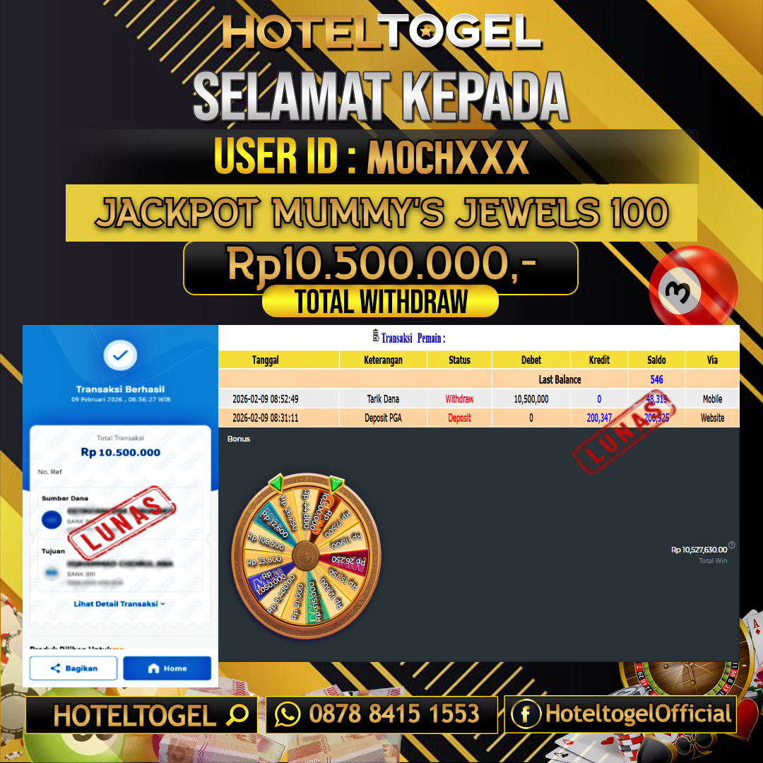 HOTELTOGEL JACKPOT SLOT MUMMY'S JEWELS 100 Rp.10.500.000 - LUNAS USER ID : MOCH***