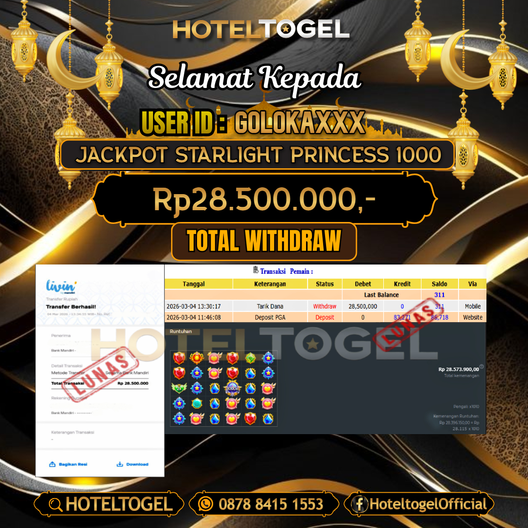 HOTELTOGEL JACKPOT SLOT STARLIGHT PRINCESS 1000 Rp.28.500.000 - LUNAS USER ID : GOLOKA***