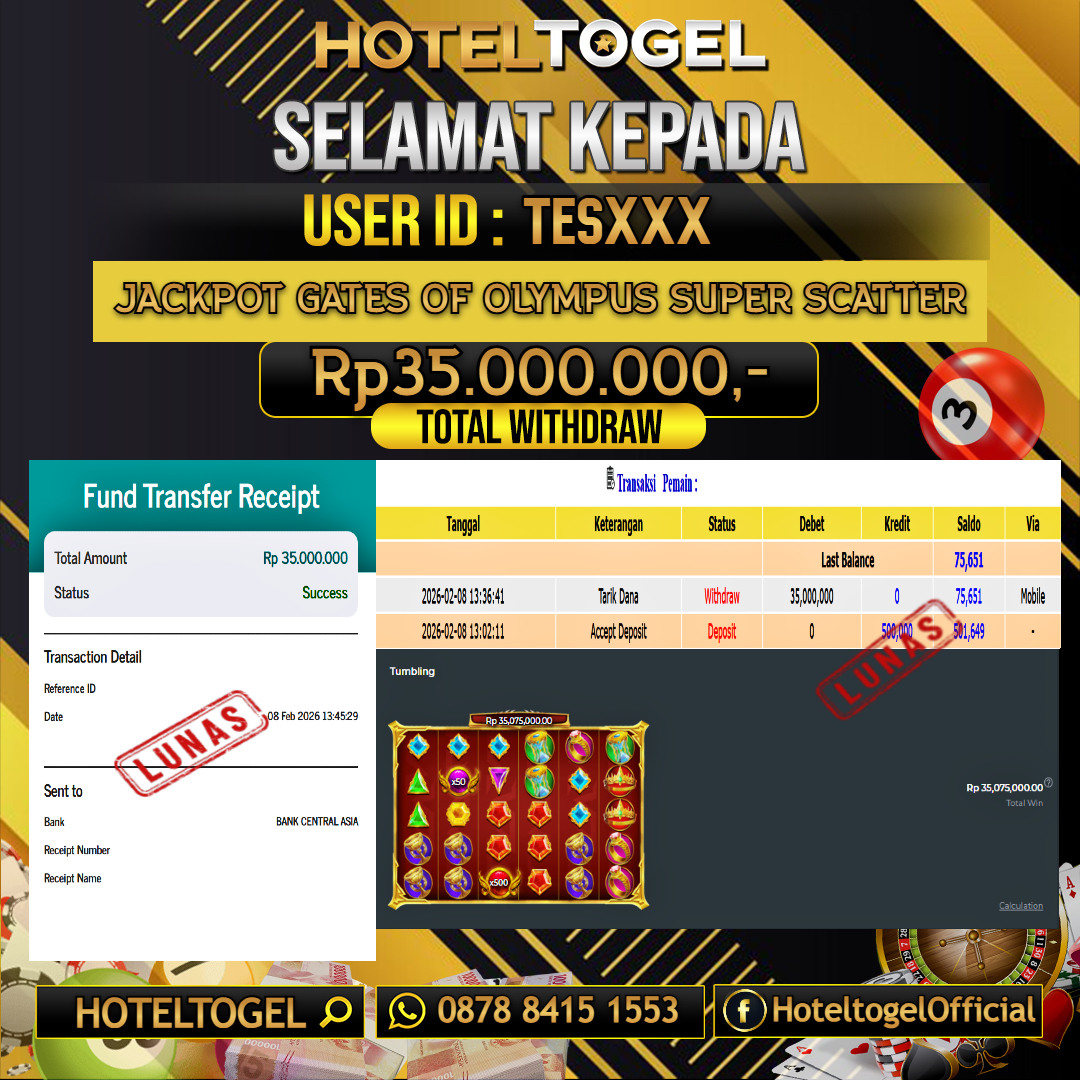 HOTELTOGEL JACKPOT SLOT GATES OF OLYMPUS SUPER SCATTER Rp.35.000.000 - LUNAS USER ID : TES***