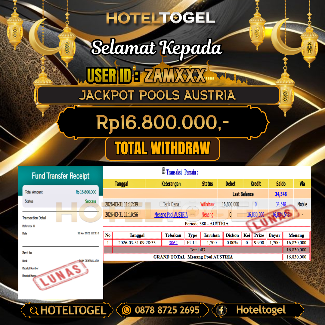 HOTELTOGEL JACKPOT TOGEL AUSTRIA Rp.16.800.000 - LUNAS USER ID : ZAM***
