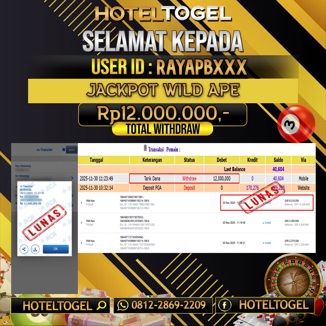 HOTELTOGEL JACKPOT SLOT WILD APE Rp.12.000.000 - LUNAS USER ID : RAYAPB***