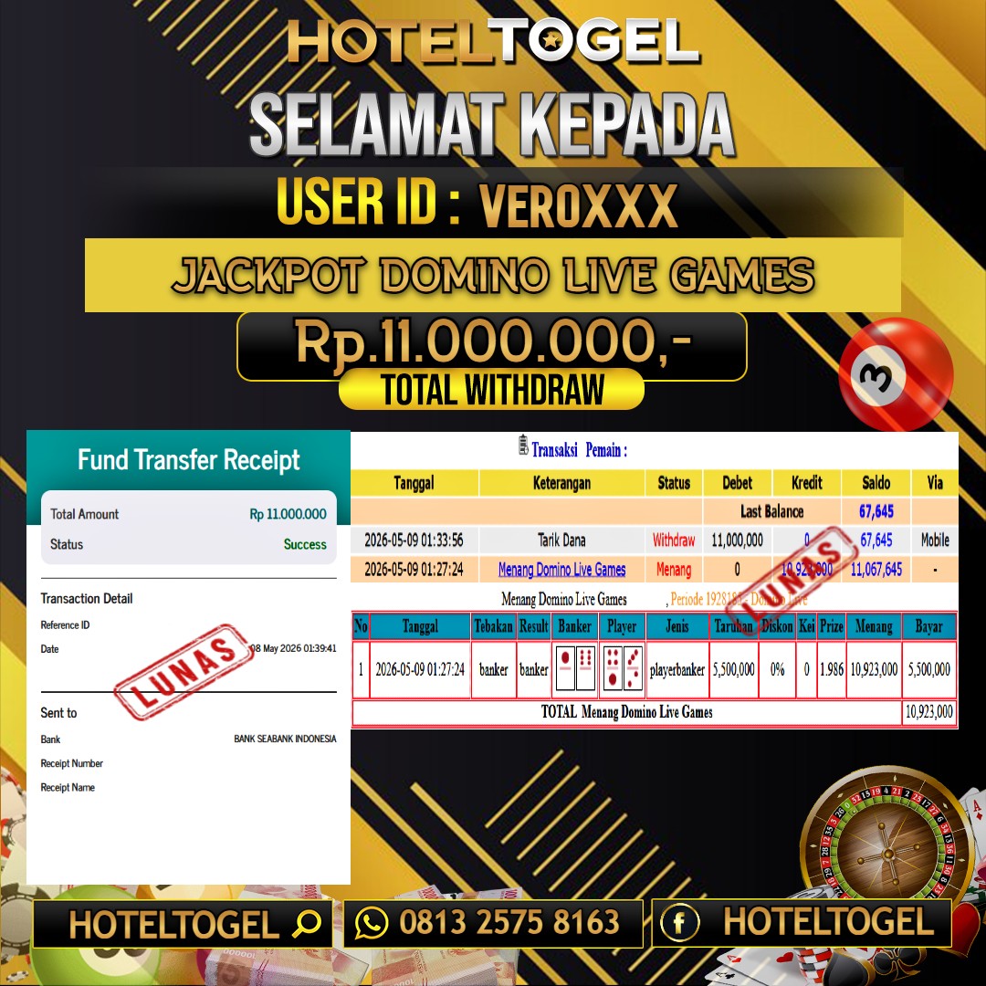 HOTELTOGEL JACKPOT CASINO DOMINO LIVE GAMES Rp.11.000.000 - LUNAS USER ID :  VERO****