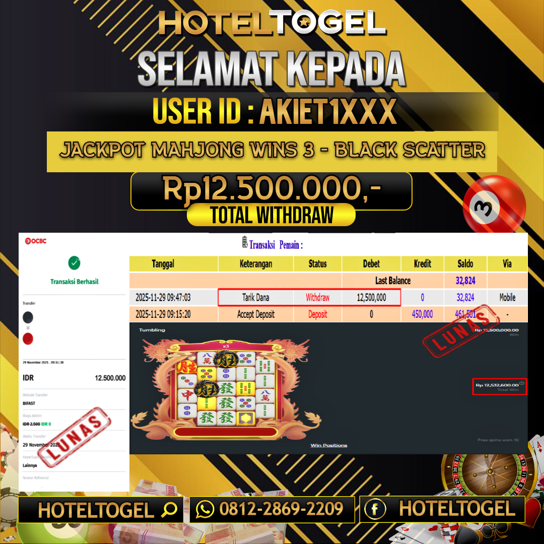 HOTELTOGEL JACKPOT SLOT MAHJONG WINS 3 - BLACK SCATTER Rp.12.500.000 - LUNAS USER ID : AKIET1***