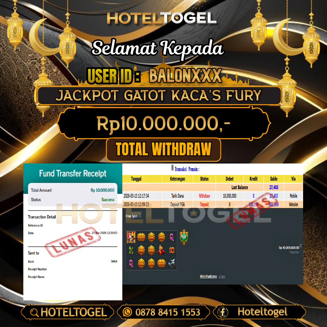 HOTELTOGEL JACKPOT SLOT GATOT KACA'S FURY Rp.10.000.000 - LUNAS USER ID : BALON***
