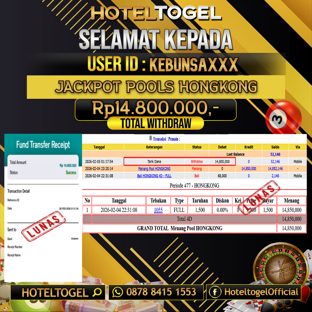 HOTELTOGEL JACKPOT TOGEL HONGKONG Rp.14.800.000 - LUNAS USER ID : KEBUNSA***