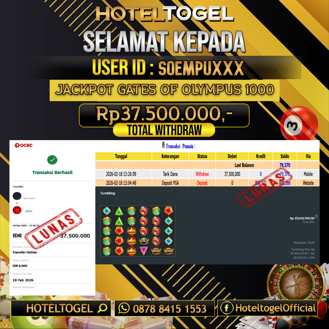 HOTELTOGEL JACKPOT SLOT GATES OF OLYMPUS 1000 Rp.37.500.000 - LUNAS USER ID : SOEMPU***