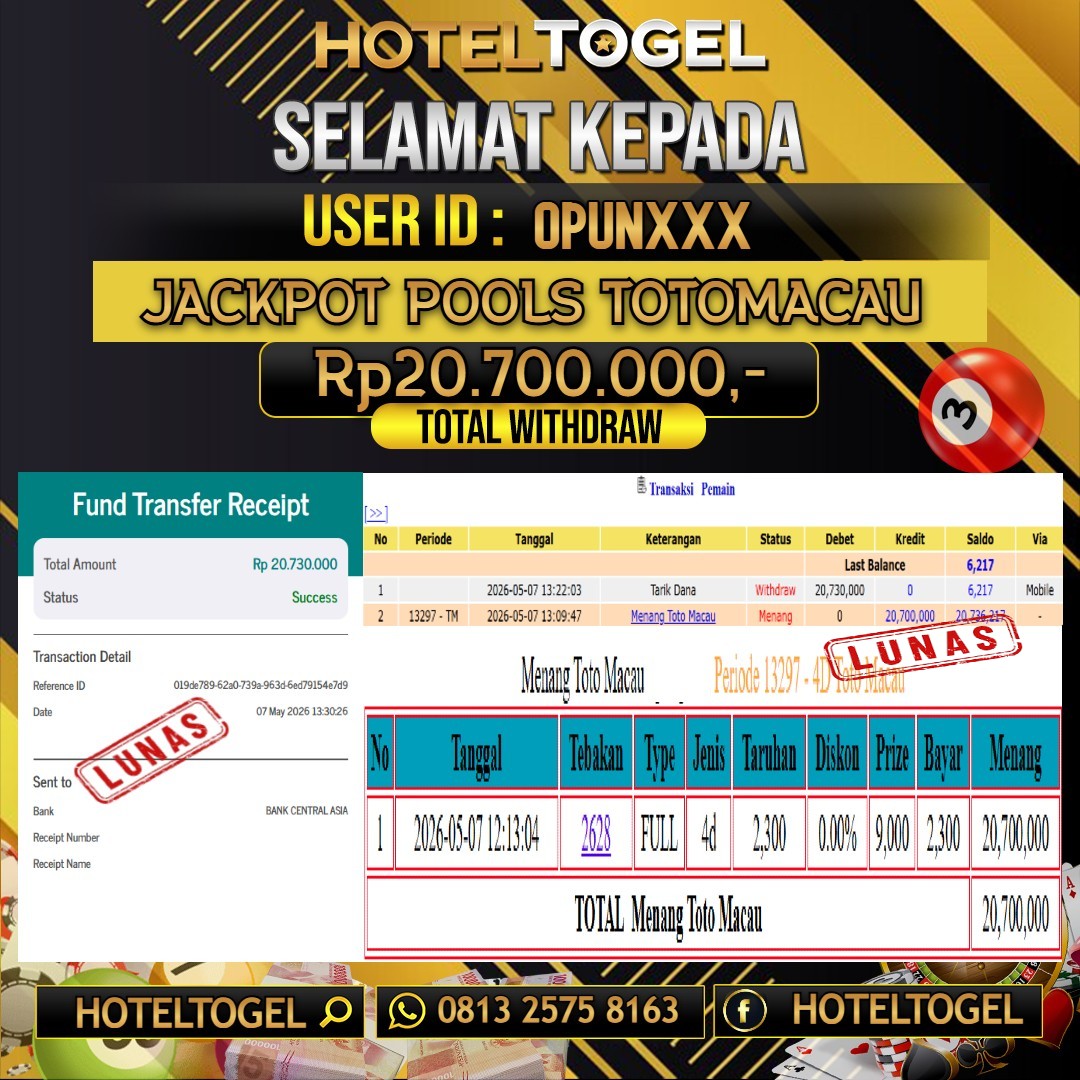 HOTELTOGEL JACKPOT TOGEL TOTOMACAU Rp.20.700.000 - LUNAS USER ID : OPUN****