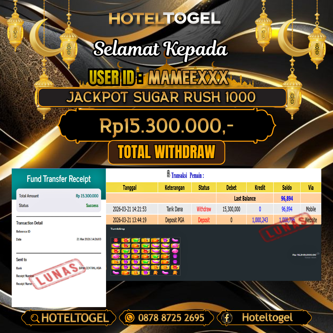 HOTELTOGEL JACKPOT SLOT SUGAR RUSH 1000 Rp.15.300.000 - LUNAS USER ID :  MAMEE***